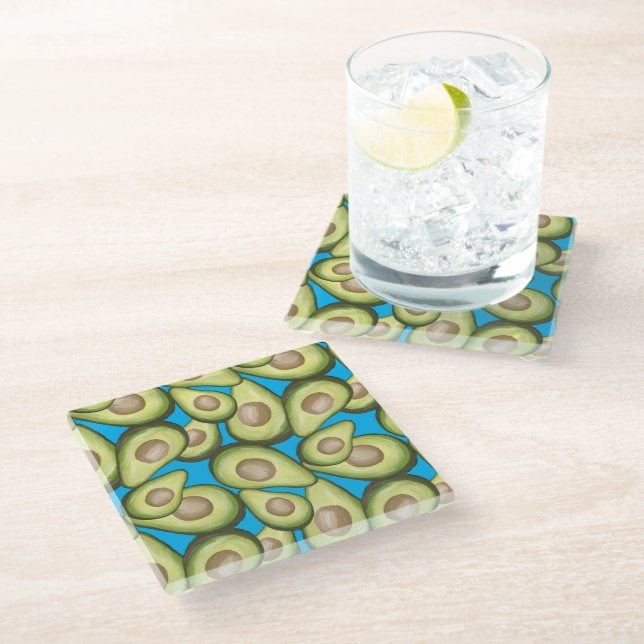 Gourmet Fresh Cut Vegan Avocado Pattern Glass Coaster (Angled)