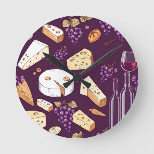 Gourmet Wine and Cheese Pairing Vintage Hand-Drawn Round Clock