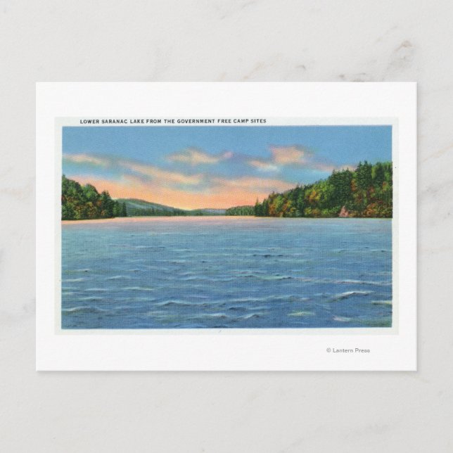 Govt. Free Camp Sites View of Lower Saranac Lake Postcard (Front)