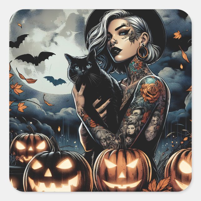 Grab a Broom | Witch Themed Halloween Party Square Sticker (Front)