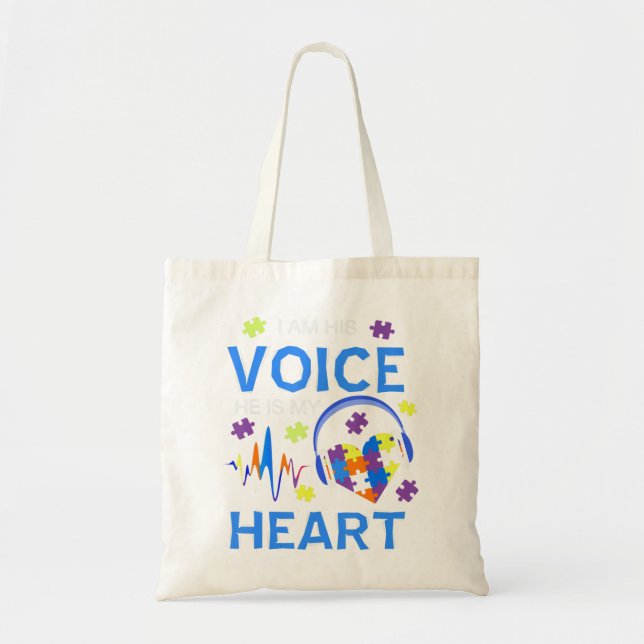 Grab this "I Am His Voice He Is My Heart Autism Aw Tote Bag (Front)