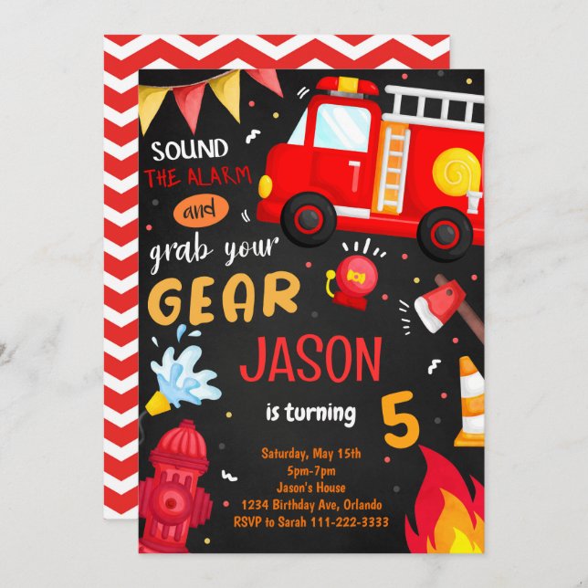 Grab Your Gear Fire Truck Birthday Invitation (Front/Back)
