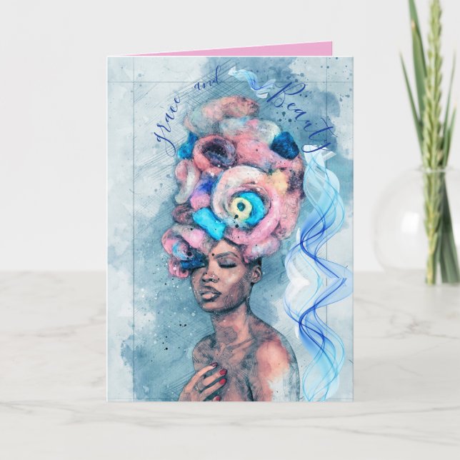 Grace and Beauty Customisable Afrocentric Birthday Card (Front)