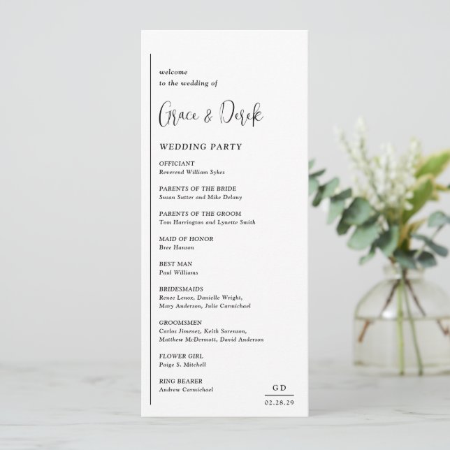 Grace Black and White Modern Wedding Program (Standing Front)