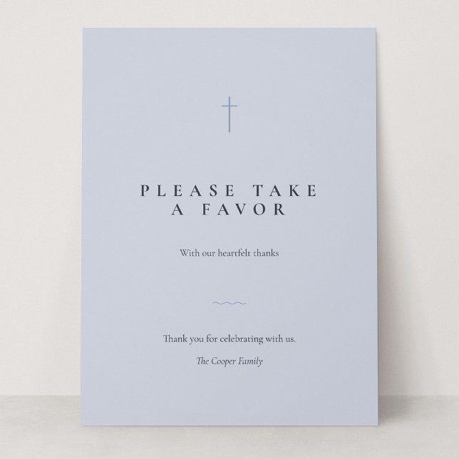 Grace Blue Minimal Cross Take a Favour Table Sign (Grace | Blue - Please Take a Favor 6.5 x 8.75" Card Sign)
