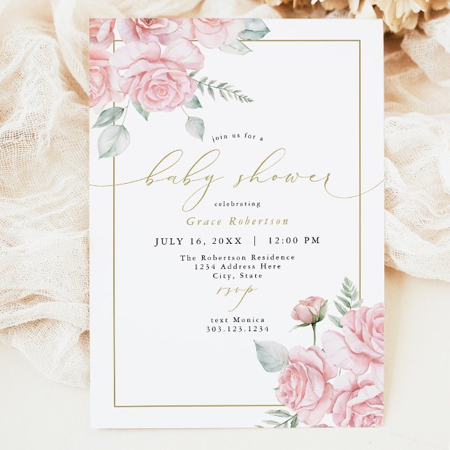 GRACE Blush Floral and Gold Girl Baby Shower Invitation (Creator Uploaded)