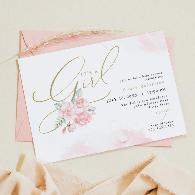 GRACE Blush Floral Gold It's a Girl Baby Shower Invitation (Creator Uploaded)