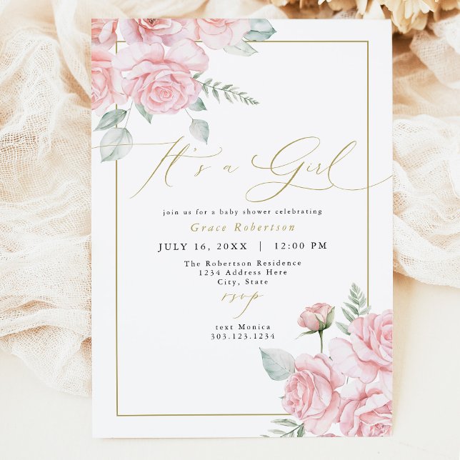 GRACE Blush Floral Gold It's a Girl Baby Shower Invitation (Creator Uploaded)