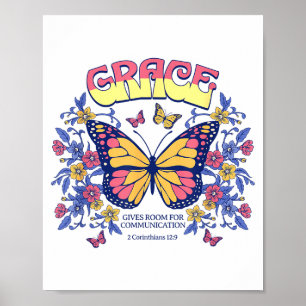 Grace Butterfly Christian Bible Verse Floral Faith Poster