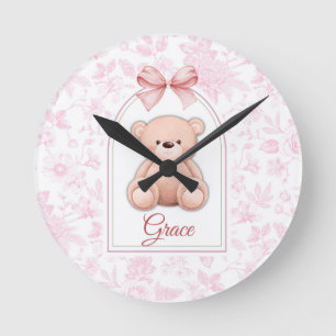 Grace   Custom Pink Teddy Bear Nursery Design  Round Clock