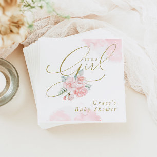 GRACE Elegant Blush Floral It's a Girl Baby Shower Napkin