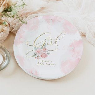 GRACE Elegant Blush Floral It's a Girl Baby Shower Paper Plate