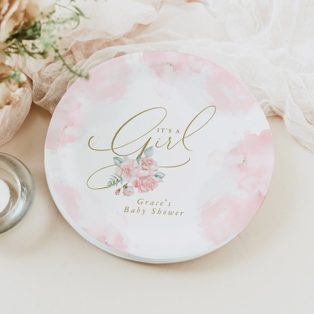 GRACE Elegant Blush Floral It's a Girl Baby Shower Paper Plate (Creator Uploaded)
