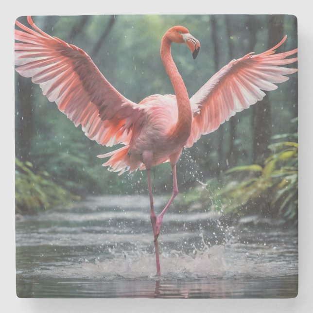 Grace in Flight: The Pink Flamingos Riverdance Stone Coaster (Front)