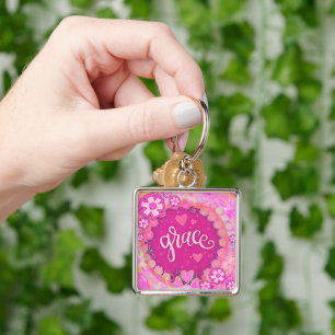 Grace  Inspirational Heart Floral Pretty Pink Key Ring
