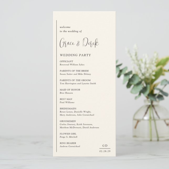 Grace Ivory Modern Wedding Program (Standing Front)