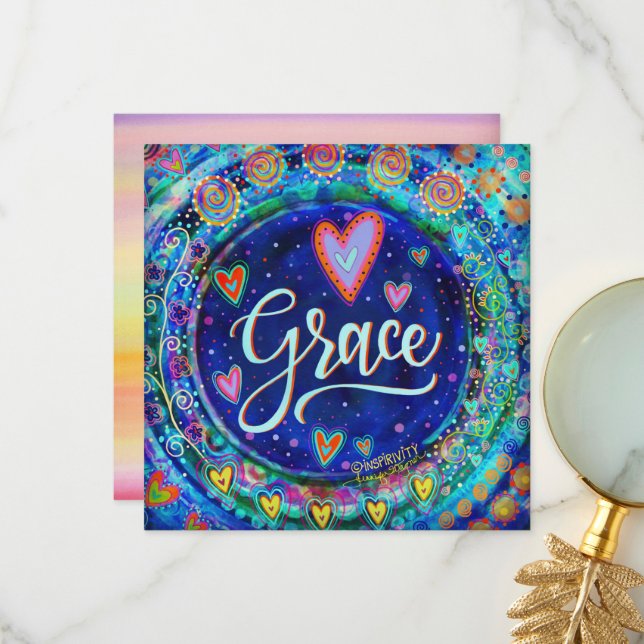 Grace Pretty Blue Whimsical Hearts Thank You Card (Front/Back In Situ)