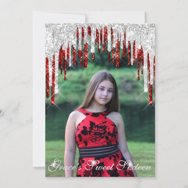 Grace Sweet Sixteen Red Silver Drips Save The Date (Front)