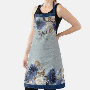 Grace Typography Dusty Navy Blue Peony Fall Floral Apron