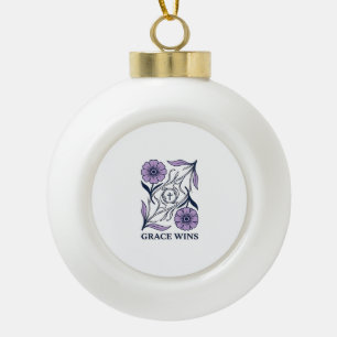 Grace Wins Floral Christian Vintage Engraving Tee_ Ceramic Ball Christmas Ornament