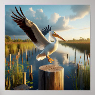 Graceful American White Pelican in Serene Wetlands Poster