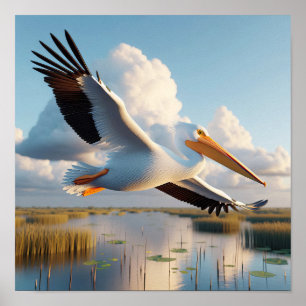 Graceful American White Pelican in Serene Wetlands Poster