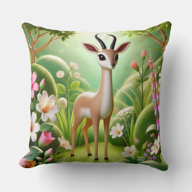 Graceful Antelope Amid Blooming Flora Cushion (Front)