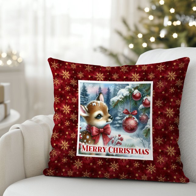 Graceful baby deer snowy forest festive Christmas  Cushion (Graceful baby deer snowy forest festive Christmas pillow)