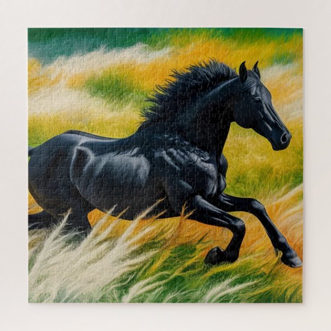 Graceful Black Horse Galloping in Vibrant Field of Jigsaw Puzzle (Vertical)