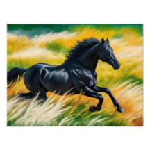 Graceful Black Horse Galloping in Vibrant Field of