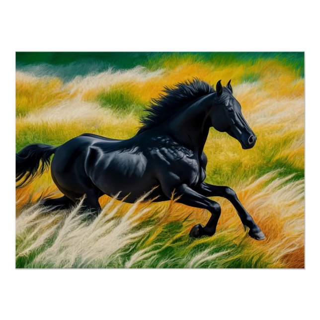  Graceful Black Horse Galloping in Vibrant Field  Poster (Front)