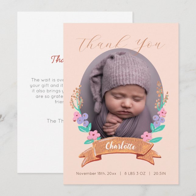 Graceful Blossoms Floral Wreath baby photo  Thank You Card (Front/Back)