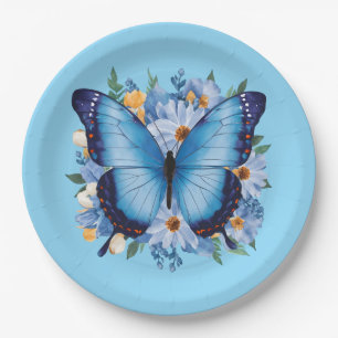 Graceful Blue Butterfly on Floral Paper Plate