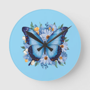 Graceful Blue Butterfly on Floral Round Clock