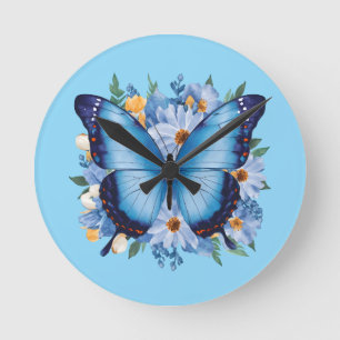 Graceful Blue Butterfly on Floral Round Clock