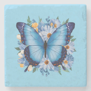 Graceful Blue Butterfly on Floral Stone Coaster