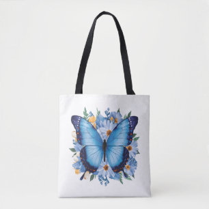 Graceful Blue Butterfly on Floral Tote Bag