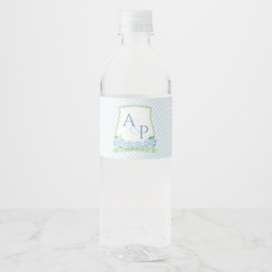 Graceful Blue Green Summer Wedding Couples Crest Water Bottle Label