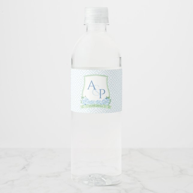 Graceful Blue Green Summer Wedding Couples Crest Water Bottle Label (Front)