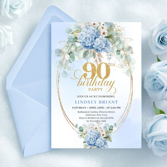 Graceful Blue Hydrangea Watercolor 90th Birthday Invitation (Graceful Blue Hydrangea Watercolor 90th Birthday)
