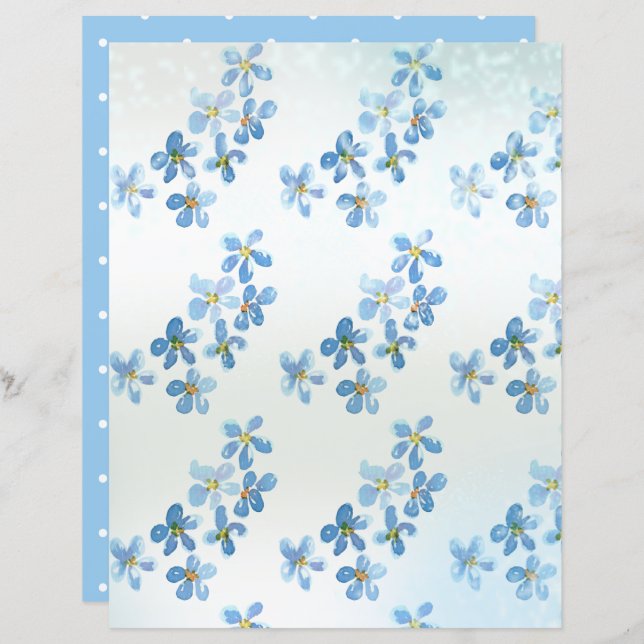 Graceful Blue Watercolor Flowers Scrapbook Paper (Front/Back)