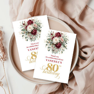 Graceful Blush Burgundy 80th Birthday Thank You Card
