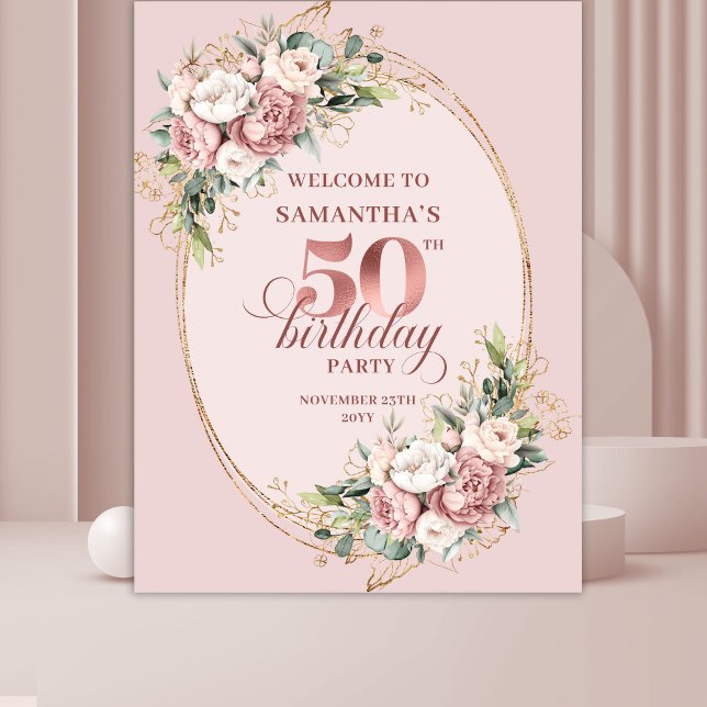 Graceful Blush Floral Greenery 50th Birthday Backd Tapestry (Graceful Blush Floral Greenery 50th Birthday Backdrop)