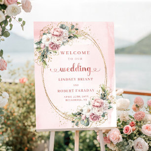 Graceful Blush Pink Rose Gold Floral Wedding Sign