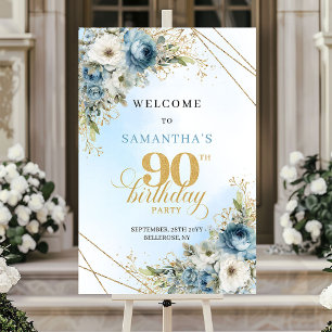 Graceful bohemian blue flowers gold 90th birthday  poster