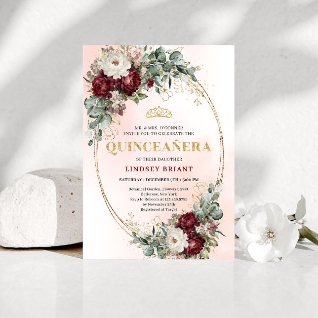 Graceful Bohemian Burgundy Peonies Quince Invite (Graceful Bohemian Burgundy Peonies Quince Invite)