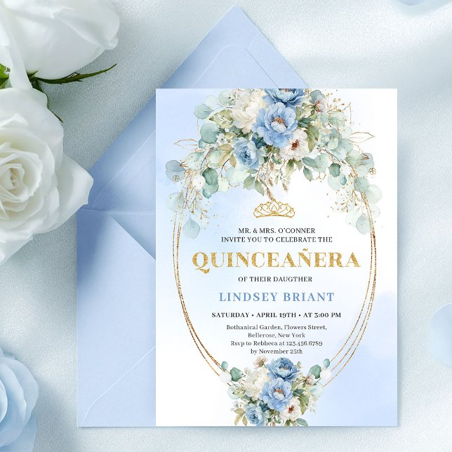 Graceful Boho Blue Peonies Eucalyptus Quinceañera Invitation (Graceful Blue Peonies Eucalyptus Quinceañera Invitation)