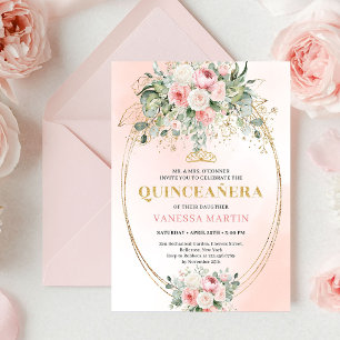 Graceful Boho Pale Pink Roses Bohemian Quinceañera Invitation