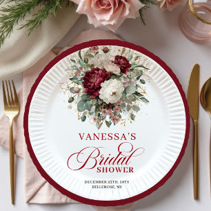 Graceful Burgundy Floral Bridal Shower Paper Plate