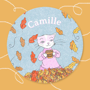 Graceful Cat Fall Kid Sticker with Name